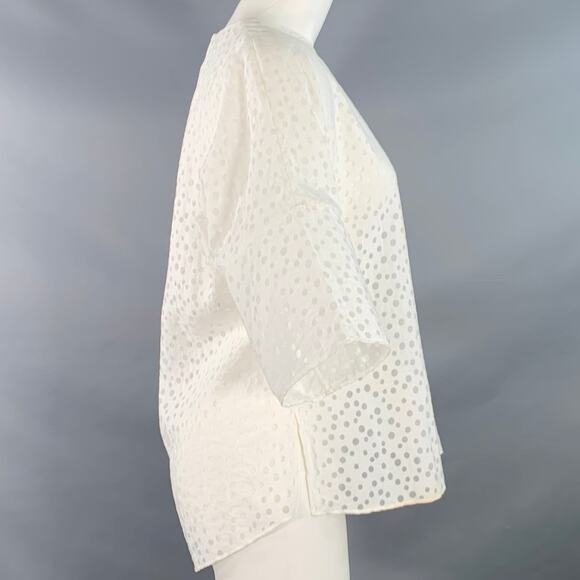 AKRIS Size 6 White Viscose Blend Dots Short Sleeve Crew Neck Casual Top - Picture 3 of 10